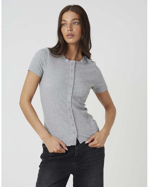 Brave Soul Gray Cotton Rich Short Sleeve Button Down Top