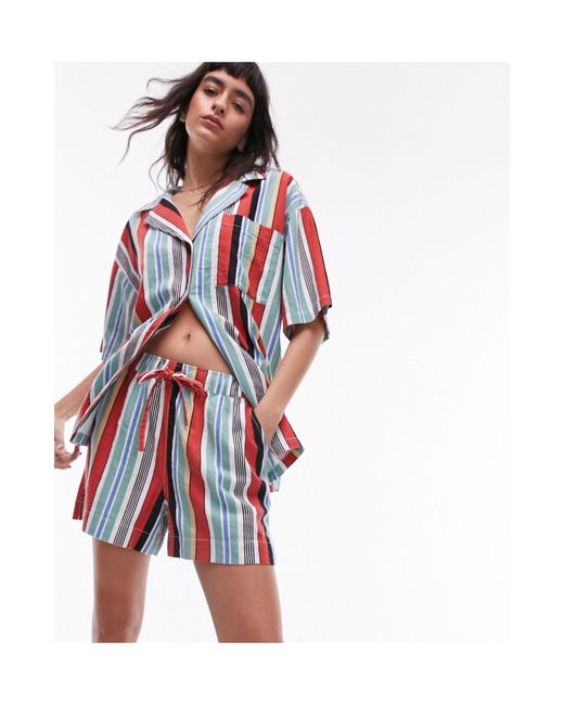 TOPSHOP Red Striped Linen Shorts