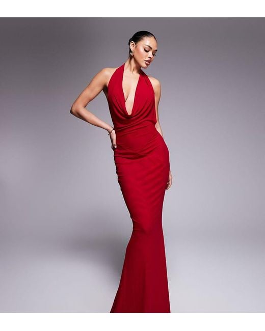 Murci Red Exclusive Mesh Halterneck Open Back Cowl Neck Maxi Dress