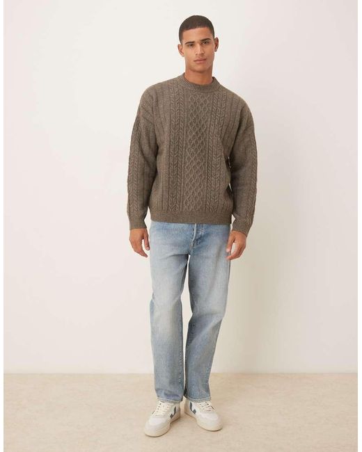 ASOS Brown Oversized Cable Knit Crew Neck Sweater for men