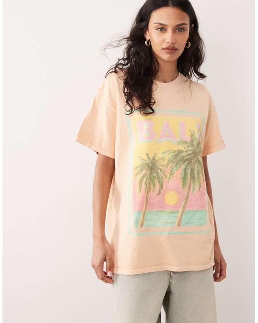 Miss Selfridge Natural Oversized T-shirt With Beach Bali Print
