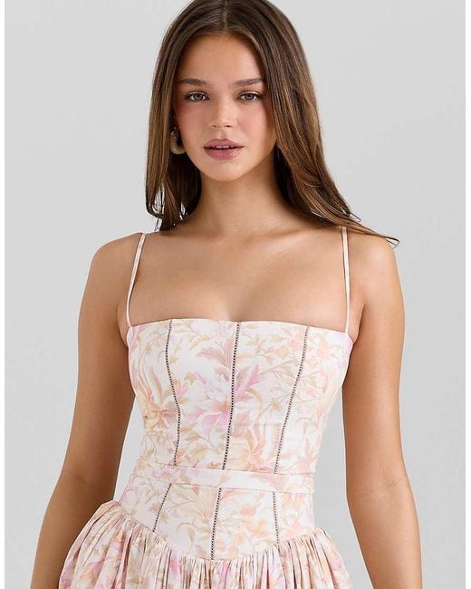House Of Cb Pink Ysabella Peach Floral Print Stretch Cotton Midi Sundress