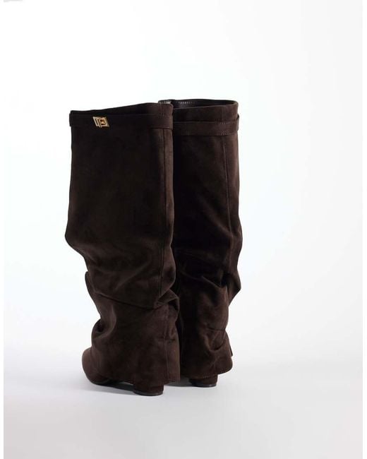 SEQWL Wide Fit Brown Ranger Faux Suede Fold Over Knee Boots