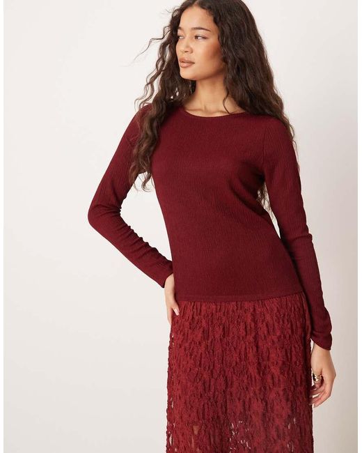 ASOS Midi-Jurk Met Lange Mouwen, Verlaagde Taille En Kanten Rok in het Red