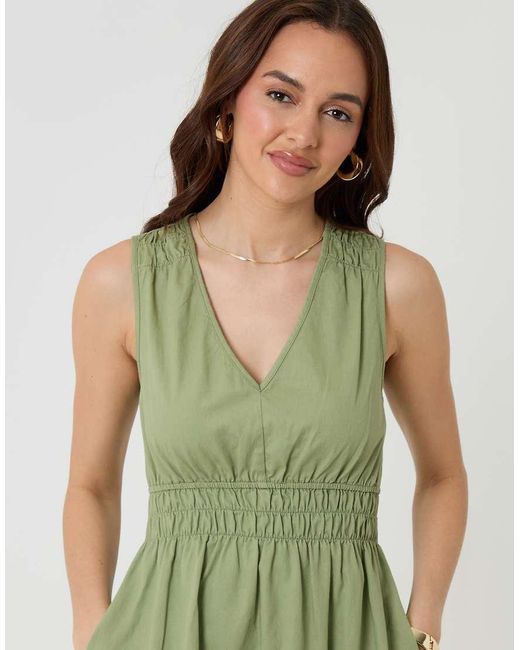 Threadbare Green Ruched Waist Denim Midi Dress