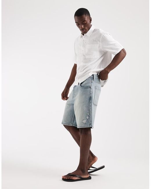 Hollister Natural baggy Denim Shorts With Star Embroidery Detail for men