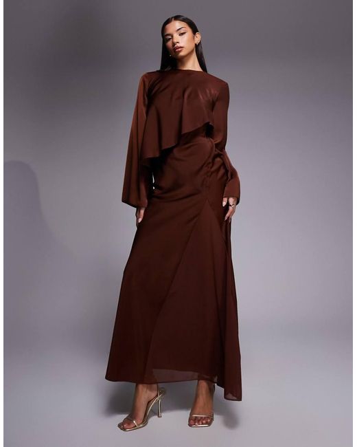 ASOS Brown Satin Long Sleeve Cape Detail Maxi Dress