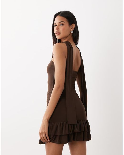 Kaiia Brown Exclusive Double Layered Slinky Scarf Detail Bandeau Ruffle Hem Mini Dress