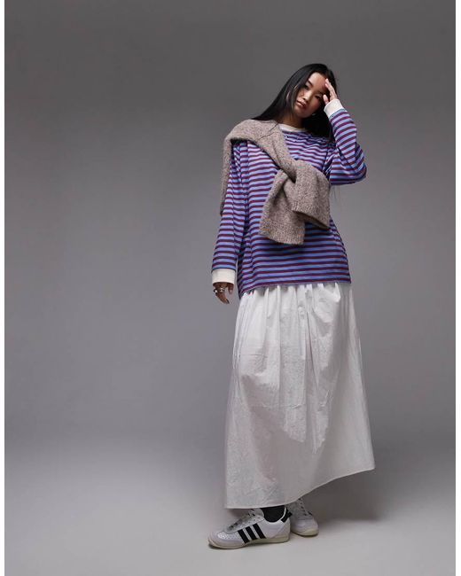 TOPSHOP Gray Stripe Slouchy Long Sleeve Crew