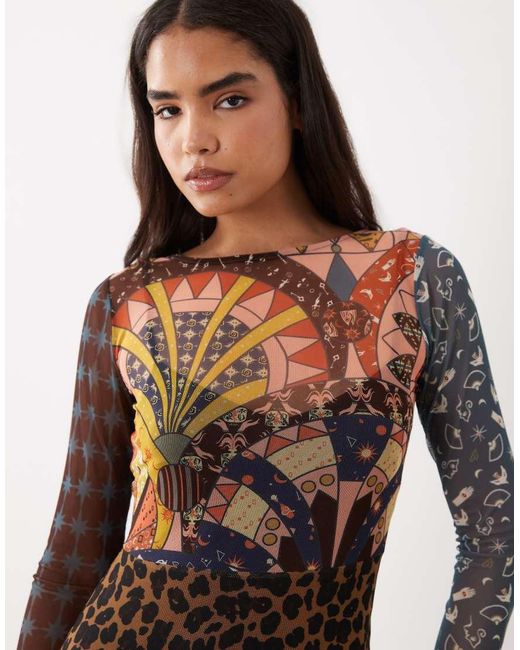 Never Fully Dressed Natural Mesh Long Sleeve High Split Midi Dress