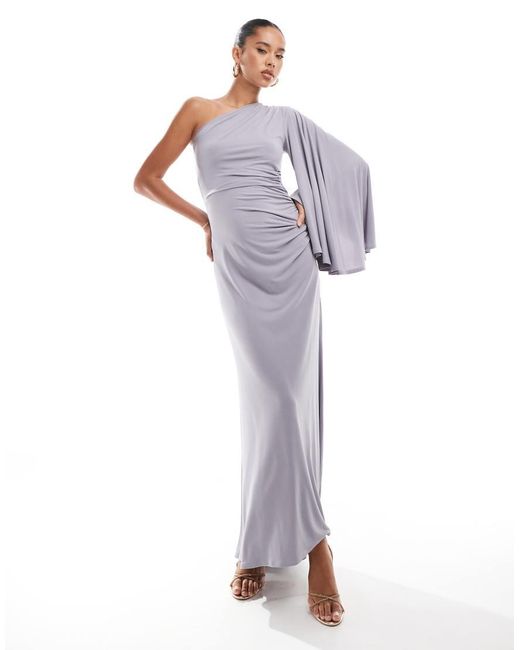 Flounce London Purple One Shoulder Jersey Maxi Dress With Sleeve And Fishtail Skirt