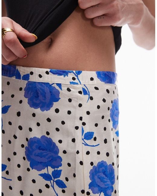 TOPSHOP Blue Floral Rose Bias Split Midi Skirt