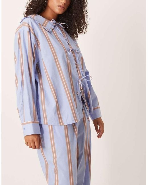 ASOS Blue Asos Design Curve Bow Tie Up Shirt & Wide Leg Pants Pajama Set