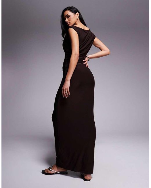 Fashionkilla Blue Exclusive Double Sculpted Slinky Sleeveless Asymmetric Neck Ruched Bodycon Maxi Dress