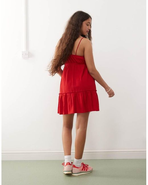 Miss Selfridge Red Seersucker Tie Smock Dress