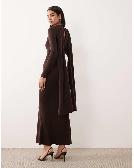 ASOS Brown Slinky Long Sleeve Maxi Dress With Extreme Cape Shoulder Detail