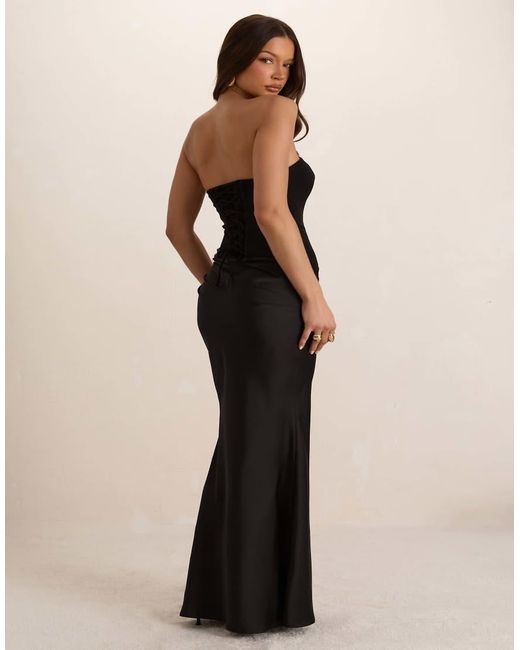 Missy Empire Black Woven Corset Top Pleated Satin Maxi Dress