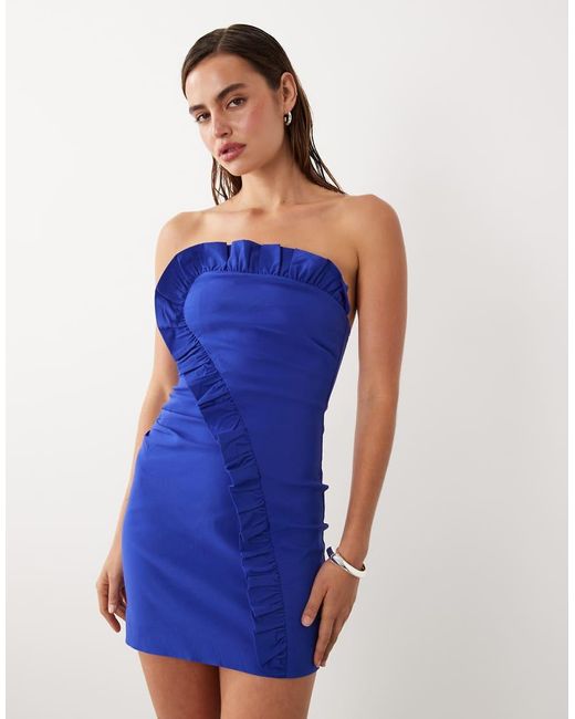 Mango Blue Starring Hailey Bieber Ruffle Detail Off Shoulder Mini Dres