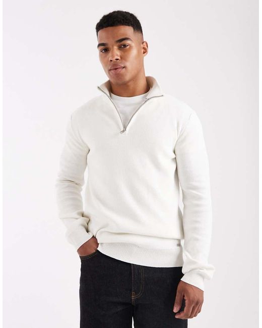Threadbare White 1/4 Zip Knitted Jumper for men