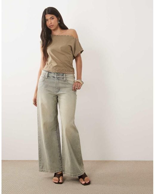 Motel Natural Damaria Off The Shoulder Stud Detail Top