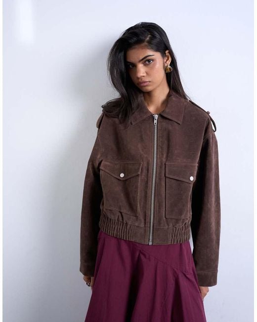 TOPSHOP Red Faux Suede Bomber Jacket With Popper Details