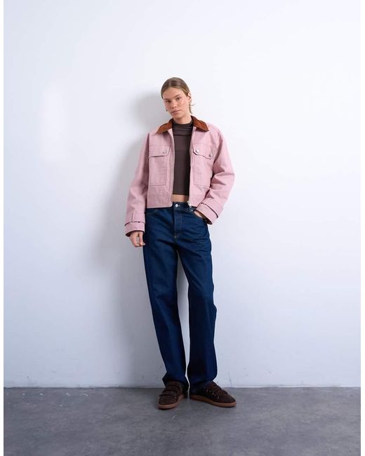 TOPSHOP Pink Patch Pocket Barn Jacket With Contrast Collar