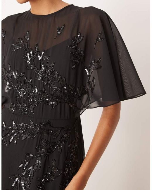 Maya Black Floral Embellished Angel Sleeve Maxi Dress