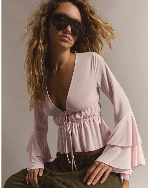 Bershka Brown Flowy Frilled T-Shirt