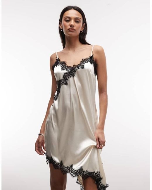 Noisy May Natural Satin Asym Lace Hem Midi Slip Dress