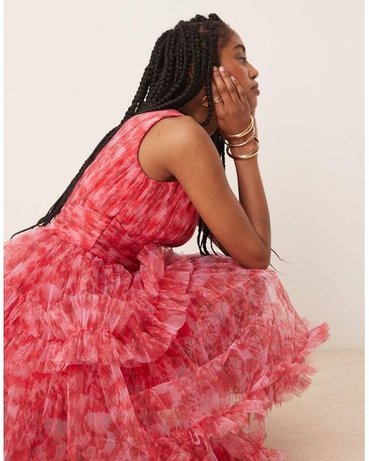 Vestito A Balze Rosso E A Fiori Con Volant E Gonna Al Polpaccio di LACE & BEADS in Red