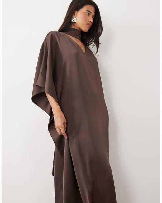 Pretty Lavish Brown Satin Choker Detail Kimono Sleeve Full Maxi Dress