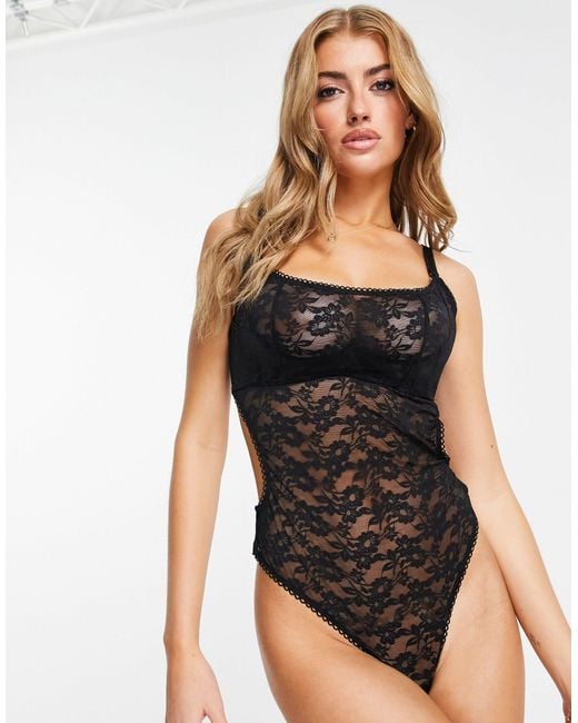 Wolf & Whistle Black Exclusive Fuller Bust Daisy Lace Bodysuit With Picot Trim