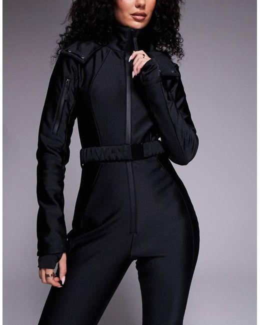 ASOS 4505 Ski & Snow Black Asos 4505 Hourglass Ski Soft Shell Belted Ski Suit With Slim Kick Leg And Faux Fur Hood