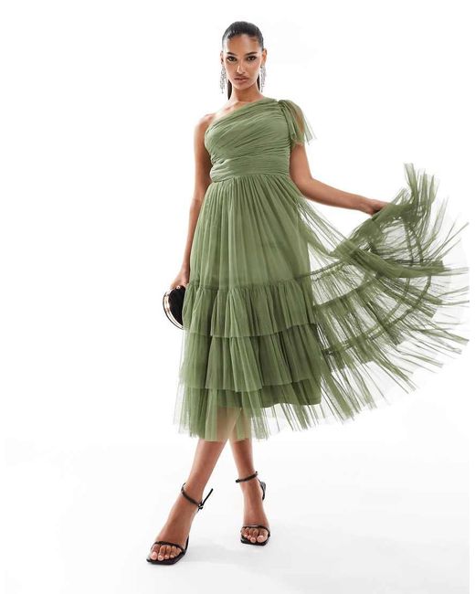 LACE & BEADS Green Bridesmaid Madison One Shoulder Tulle Midi Dress