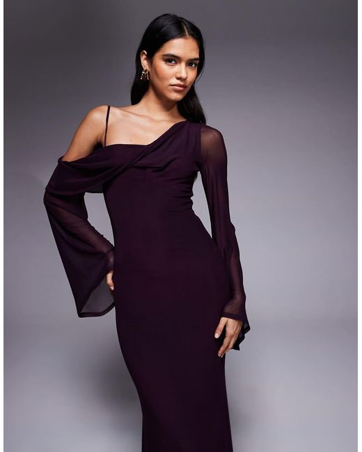 ASOS Blue Mesh Folded Neckline Midi Dress With Fallen Shoulder