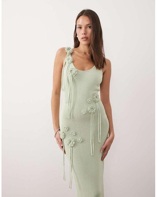 Wanderdoll Green Exclusive Lillie Knitted Scoop Neck Corsage Tassel Detail Maxi Dress