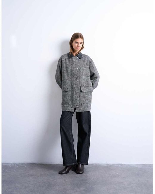 TOPSHOP Gray Heritage Twill Field Jacket With Contrast Faux Leather Collar