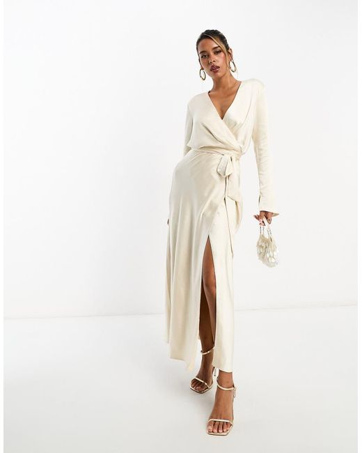ASOS Satin Long Sleeve Wrap Detail Midaxi Dress in White | Lyst UK
