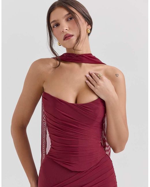 House Of Cb Red Hallie Strapless Corset With Neck Scarf