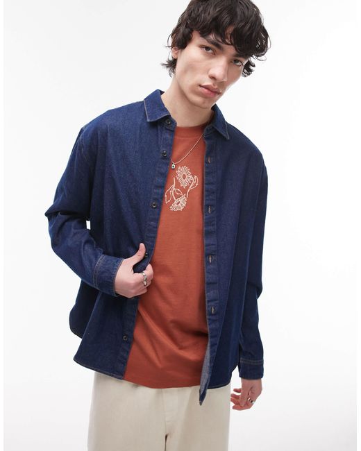 Topman – langärmlige hemdjacke aus gewaschenem raw-denim-canvas in Blue für Herren