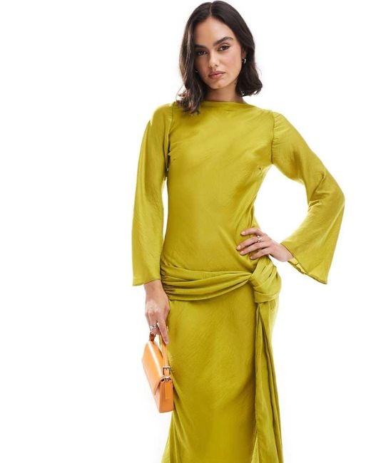 ASOS Yellow Long Sleeve Dropped Belt Satin Maxi Dress