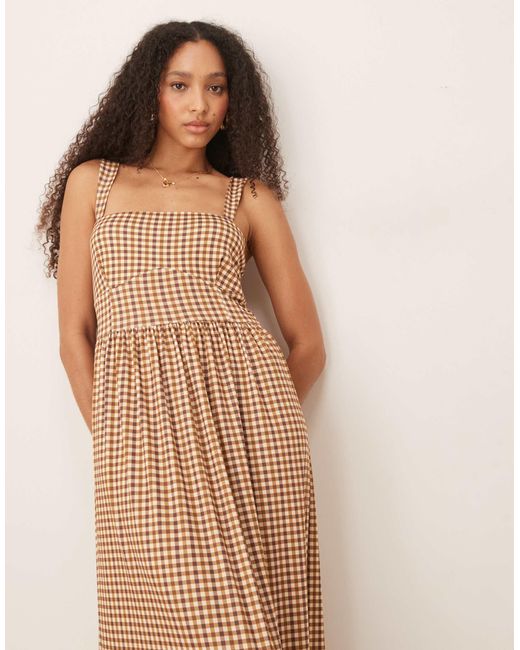 ASOS Natural – midi-milchmädchenkleid mit eckigem ausschnitt und vichy-karomuster