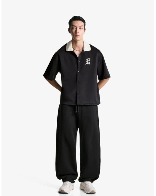 Bershka Overhemd Met Korte Mouwen, Borduursel En Rechte Pasvorm in het Black voor heren