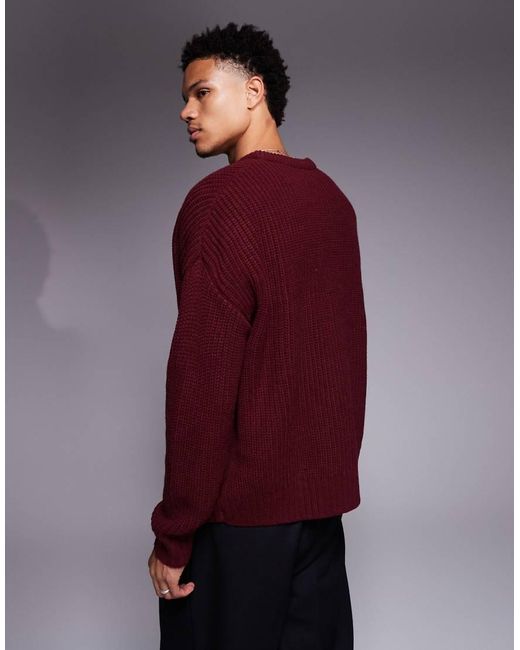 ASOS Red Oversized Boxy Fit Heavyweight Knitted Crew Neck Cardigan for men
