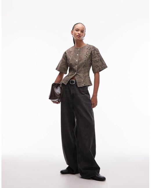 ASOS Brown Denim Cinch Waist Short Sleeve Collarless Top