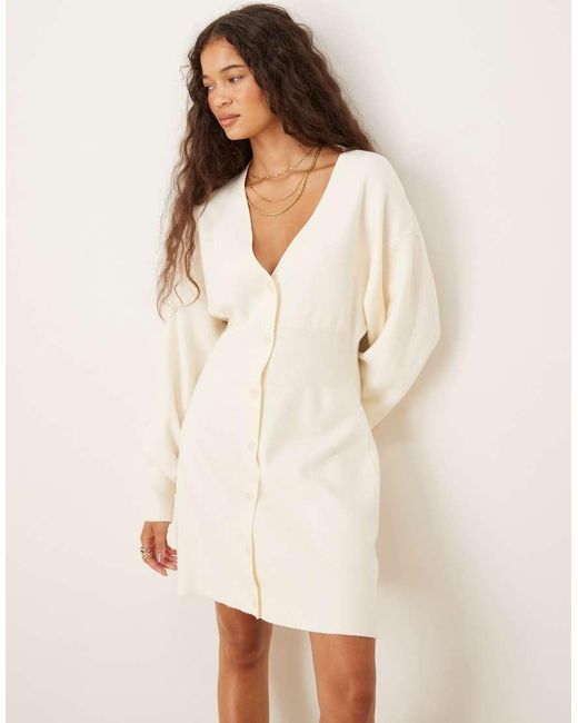 Gina Tricot Natural Long Bell Sleeve V Neck Mini Knitted Button Down Dress