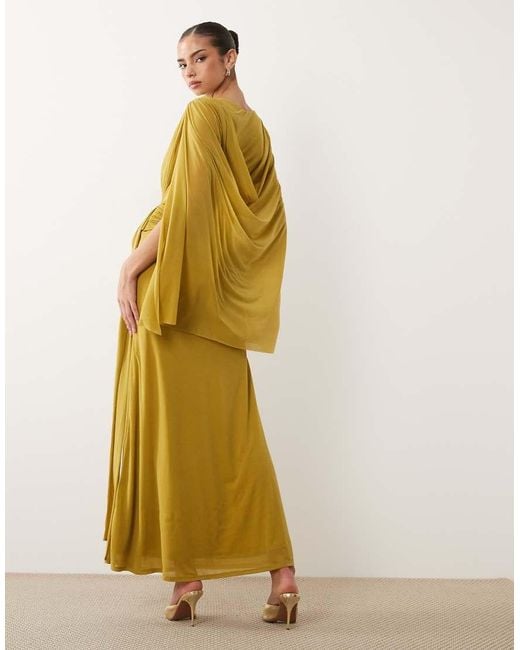 ASOS Yellow Stretch Chiffon Cape Detail Cowl Maxi Dress With Sash Detail