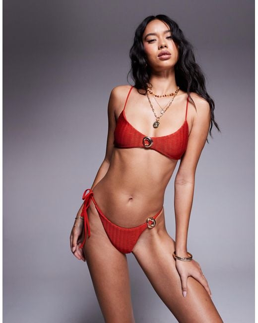 ASOS Pink Polly Shirred Crop Bikini Top With Ring Detail