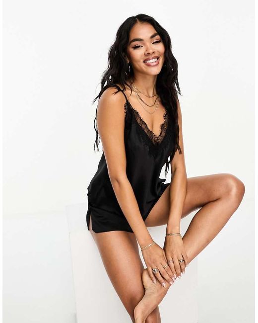 Ann Summers Black Cerise Lace Trim Satin Cami Short Set