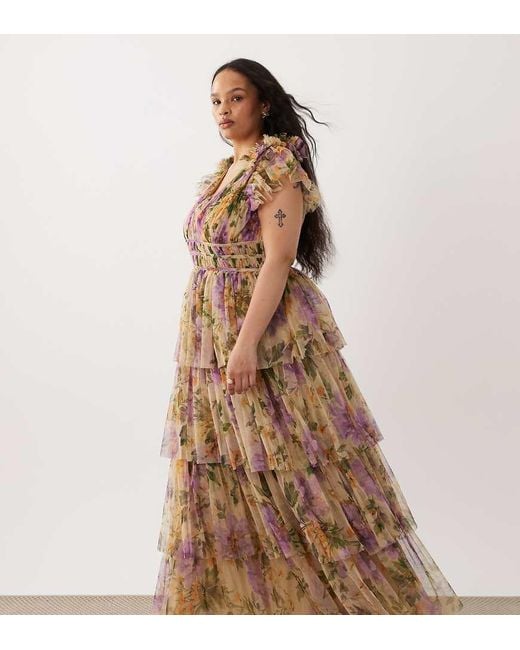 Lace & Beads Plus Brown Tulle Ruffle Shoulder Plunge Neck Tiered Maxi Dress